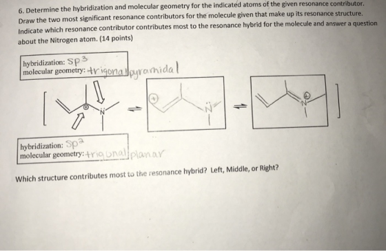 6. Determine the hybridization and molecular geometry for the indicated atoms of the given resonance contributor. Draw the tw