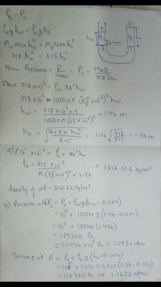 12.4 cm = 1.46 m og hw - Pegho mo areahom areah! 718 hh = 815 ho Now Pressure - & PC = mog Treyho Now 718x103 = low no hw . 7