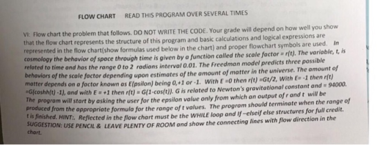Flow CHART READ THIS PROGRAM OVER SEVERAL TIMES vI: Flow chart the problem that follows. DO NOT WRITE THE CODE. Your grade will depend on how well you show cosmology the behavior of space through time is given by a function called the scale factor r(t). The variable,t, i behaviors of the scale factor depending upon estimates of the amount of matter in the universe. The amount of rogrom will start by asking the user for the epsilon value only from which an output ofr and t will be that the flow chart represents the structure of this program and basic calculations and logical expressions are ented in the flow chart(show formulas used below in the chart) and proper flowchart symbols are used. In and has the range O to 2 radians interval 0.01. The Freedman model predicts three possible matter depends on a factor kno wn as Elpsilon) being 0,+1 or-1. With E -O then r(t) Gt/2, With Es -1 then rlt) and with E-+1 then rft) G(1-costt)). G is related to Newtons gravitational constant and 94000. produced fro t is m the appropriate formula for the range of t values. The program should terminate when the range of inished. HINT. Reflected in the flow chart must be the WHILE loop and If-elseif else structures for full credit. USE PENCIL & LEAVE PLENTY OF ROOM and show the connecting lines with flow direction in the chart.
