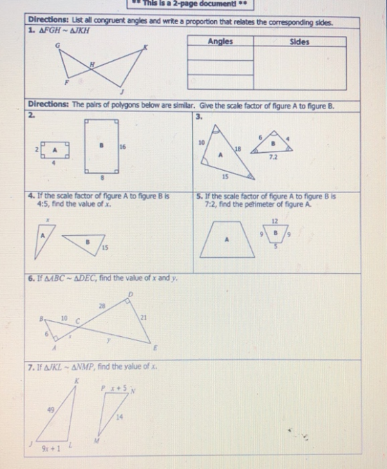 This Is a 2-page documentd* Directions: List all congruent angles and write a proportion that relates the corresponding sides