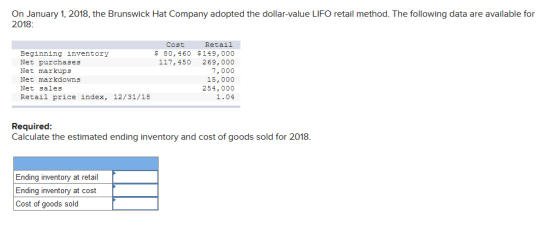 On January 1, 2018, the Brunswick Hat Company adopted the dollar-value LIFO retail method. The following data are available f