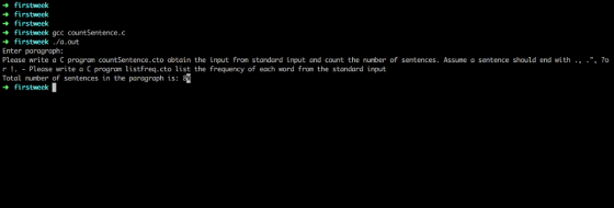 firstweek → firstweek firstweek → firstweek gcc countSentence.c firstweek./a.out Enter paragraph: Please write a C program co