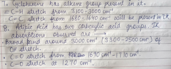 To Cyclohexene has alkene group present in ito =(-4 stretch from 3100-3000 en un LC=C stretch from 1680-1640cm will be presen