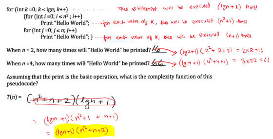 for (int k =0; k s Ign; k++) This statement will be executed (1gn ++) times {for (int i =0; i s n2; i++) Print “Hello World;