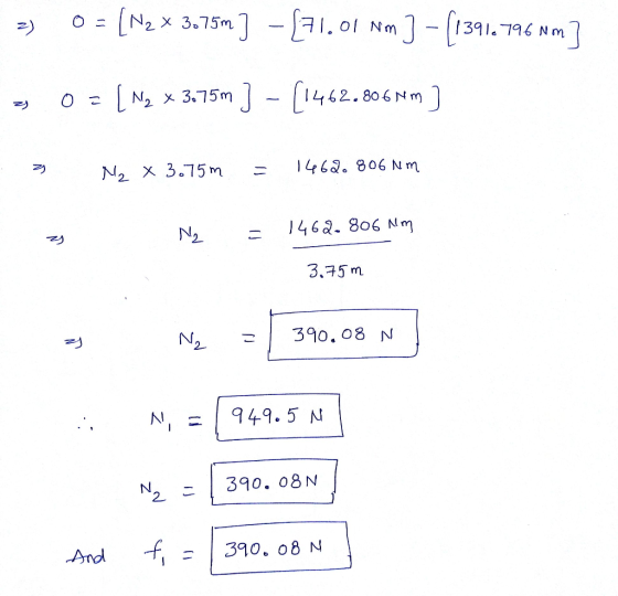 => 0 = [N2 x 3.75m] - [71.01 Nm ] - [1391.796 Nm] = 0 = (N2 * 3.75m ] - [1462.806 Nm] M₂ x 3.75m = 1462.806 Nm N = 1462.806 N