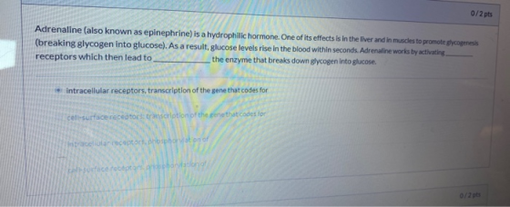 0/2 pts Adrenaline (also known as epinephrine) is a hydrophilic hormone. One of its effects is in the liver and in muscles to