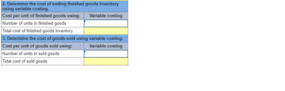 2. Determine the cost of ending finished goods inventory using variable costing. Cost per unit of finished goods using: Varia