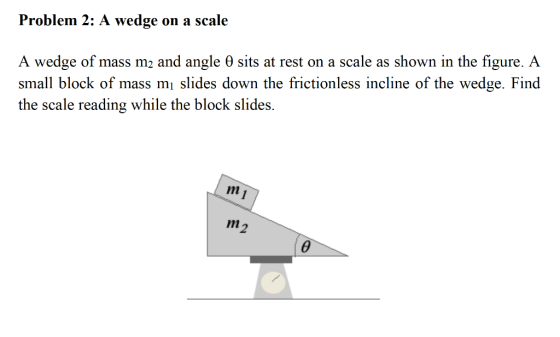 Problem 2: A wedge on a scale A wedge of mass m2 and angle o sits at rest on a scale as shown in the figure. A small block of