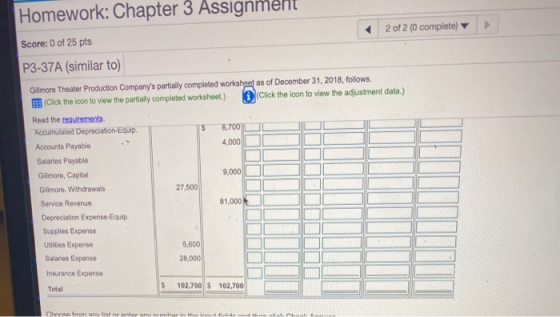 Homework: Chapter 3 Assignment 2 of 2 (0 complete) Score: 0 of 25 pts P3-37A (similar to) Gillmore Theater Production Company