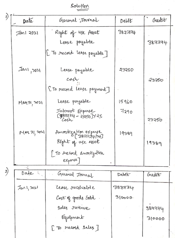 sowion I Debit Credit Date Jan1 2021 387774 I General Journal | Right of use Asset Lease payable [ To record lease payable] 3