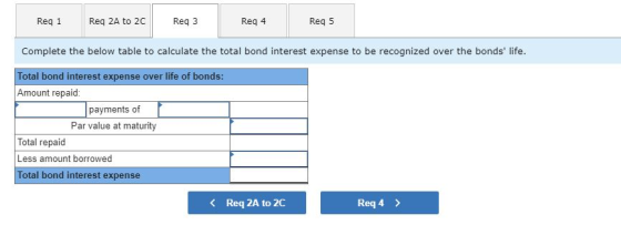 Req 1 Req 2A to 20 Req3 Reg 4 Reg 5 Complete the below table to calculate the total bond interest expense to be recognized ov