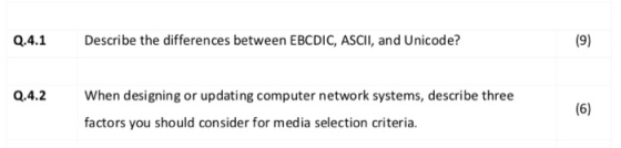 Q.4.1 Describe the differences between EBCDIC, ASCII, and Unicode? (9) Q.4.2 When designing or updating computer network syst