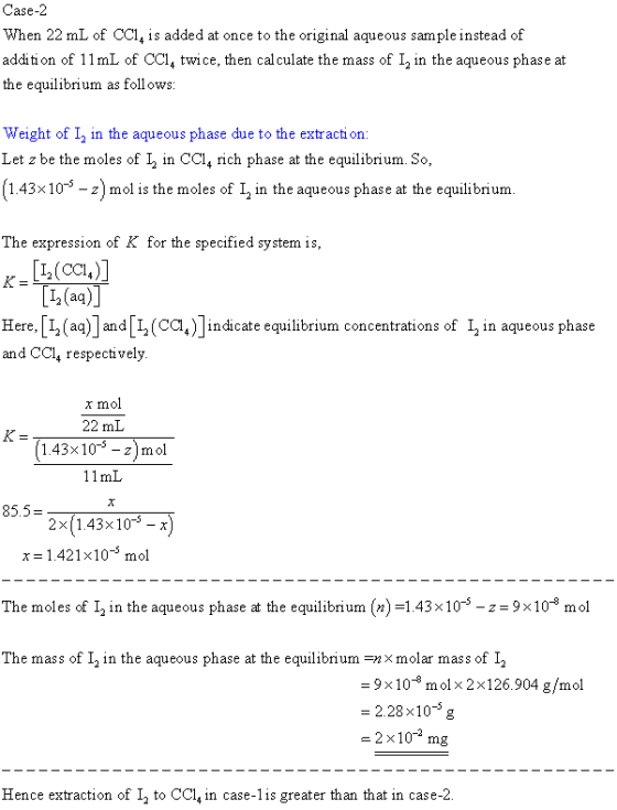Case-2 When 22 mL of CClq is added at once to the original aqueous sample instead of addition of 11mL of CCl4 twice, then cal