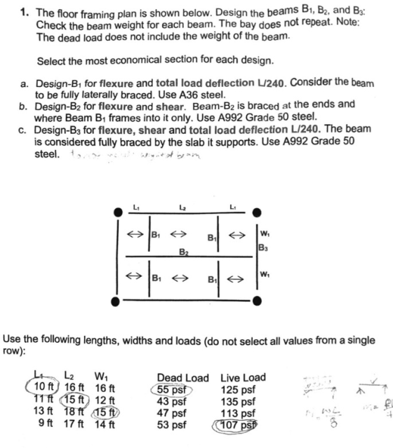 1. The floor framing plan is shown below. Design the beams B1, B2, and Ba Check the beam weight for each beam. The bay does n