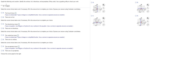 Graph the following conic section, identify the vertices, foci, directrices, and asymptotes (if they exist). Use a graphing u