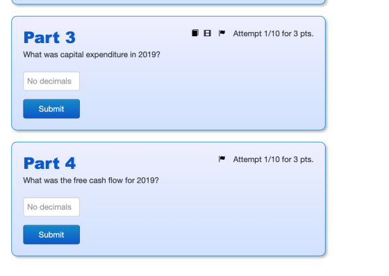 Part 3 IB Attempt 1/10 for 3 pts. What was capital expenditure in 2019? No decimals Submit Part 4 | Attempt 1/10 for 3 pts. W