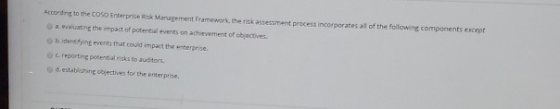 ment process incorporates all of the following components except According to the COSO Enterprise Management Framework, ther