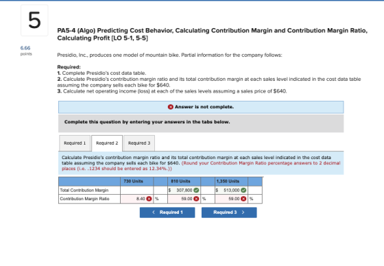 5 PA5-4 (Algo) Predicting Cost Behavior, Calculating Contribution Margin and Contribution Margin Ratio, Calculating Profit [L