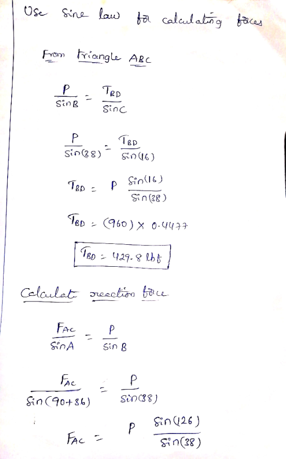 I use sine law for calculating faces From triangle ABC TAD P . TBD sin (28) sin6) TBD = p sin(16) Sin (38 ) TBD = (960) x 0.4