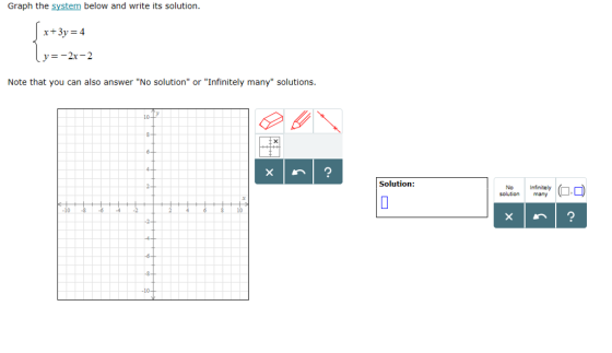 Graph the system below and write its solution y-2r-2 Note that you can also answer No solution or Infinitely many solutions 10 Solution: solution many 10 10