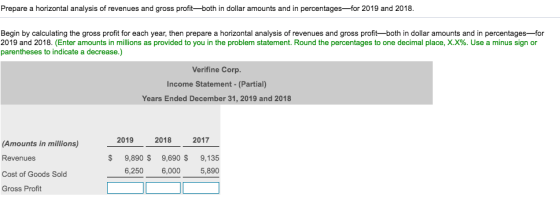 Prepare a horizontal analysis of revenues and gross profitboth in dollar amounts and in percentages—for 2019 and 2018. Begin