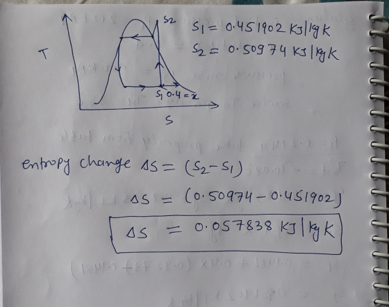 S2 ild Si= 0.451902 Kglig k Sz = 0.50974 kJ 1 lg k T So.u=a S M. entropy change as= (52-51) 30.01 (0.50974-0.451902) = 0.0578