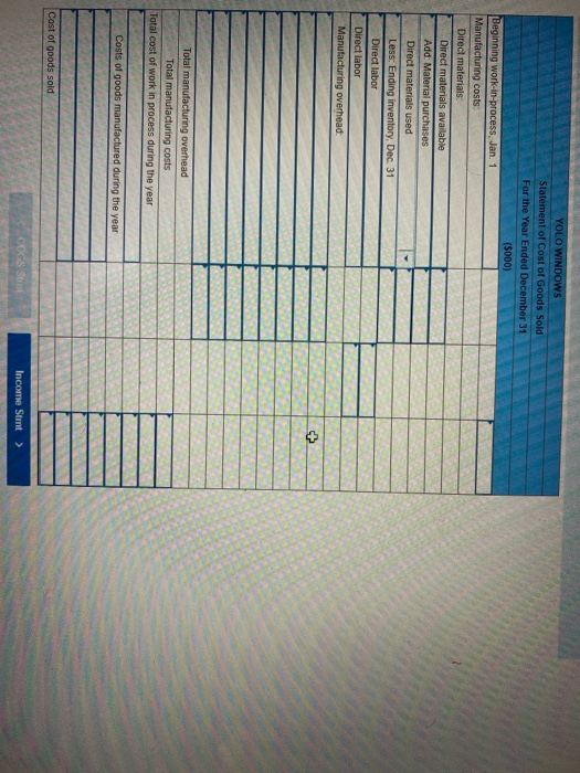 YOLO WINDOWS Statement of Cost of Goods Sold For the Year Ended December 31 (5000) Beginning work-in-process, Jan. 1 Manufact