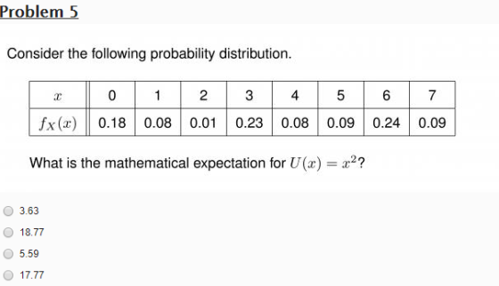 Problem 5 Consider the following probability distribution. 0 1 2 3 4 5 6 7 fx (2) | 0.18 0.08 0.01 0.23 0.08 0.09 0.24 0.09 W