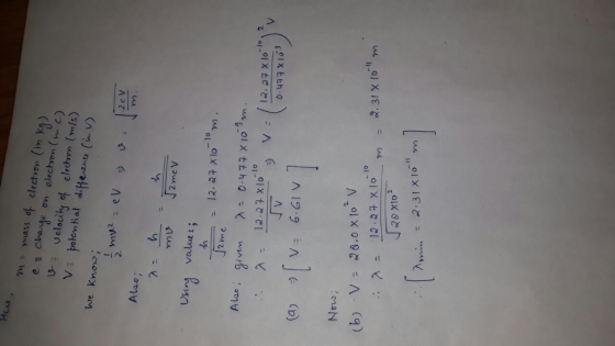 m: mass o k) e change on elechon ( me) velociky of electven electven (in U ueloily of elechvron (m/s) V: poten hial ditterene