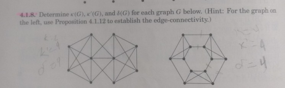 4.1.8. Determine (G), K(G), and 8(G) for each graph G below. (Hint: For the graph the left, on Proposition 4.1.12 to establi