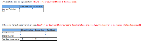 c. Calculate the cost per equivalent unit (Round cost per Equivalent Unit to 5 decimal places.) Direct Materials Conversion Cost per Equivalent Unit d. Reconcile the total cost of work in process. (Use Cost per Equivalent Unit rounded to 5 decimal places and round your final answers to the nearest whole dollar amount.) Direct Materials Conversion Total Cost Units Completed Ending Inventory Total Cost Accounted for S