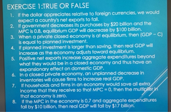 EXERCISE 1:TRUE OR FALSE 1. If the dollar appreciates relative to foreign currencies, we would expect a countrys net exports