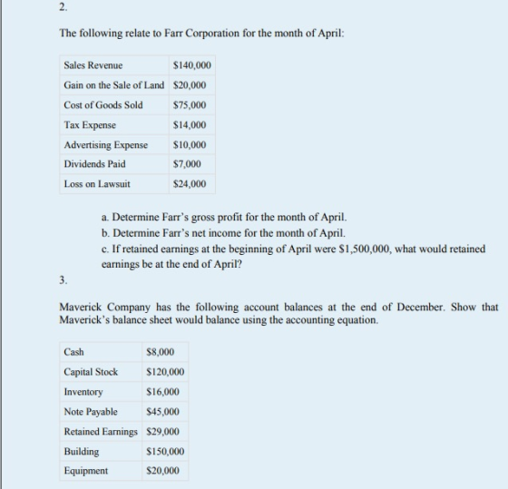 2. The following relate to Farr Corporation for the month of April: Sales Revenue $140,000 Gain on the sale of Land $20,000 C