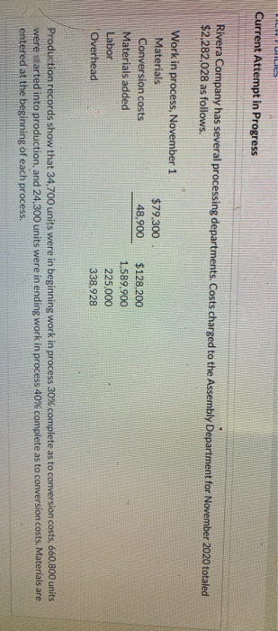 LI Current Attempt in Progress Rivera Company has several processing departments. Costs charged to the Assembly Department fo