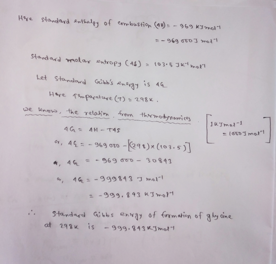 Standard &nthalpy of Combustion (4 H&e -969 KJmol Standard molar ntropy (4S) (03.5 JKmol Let Standard Ribbs Rnsrg is 4 Hre T