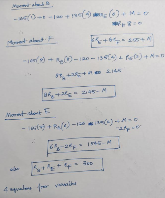 Moment about B - 165(1) +0 - 120 + 135(+) BRE (6) + M=0 8=0 Moment about F ERE+8= 255+ M -165(9) + R$(8) – 120-135(4) + R$(2)