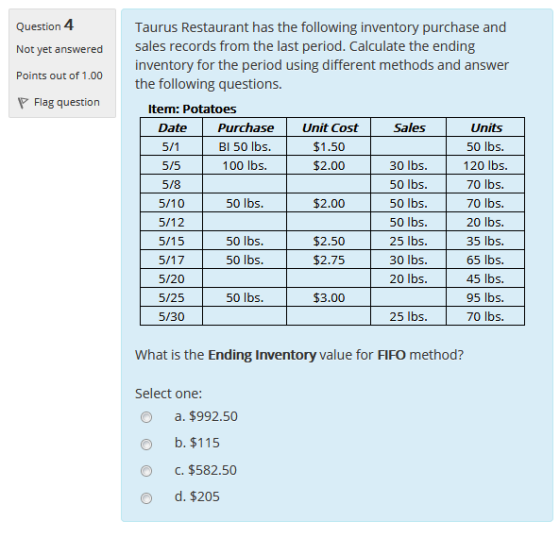 Question 4 Not yet answered Points out of 1.00 P Flag question Taurus Restaurant has the following inventory purchase and sal