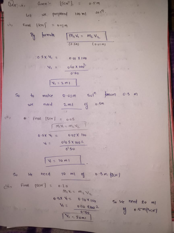 We di Arrent [SCNO] = 0.5m . Let we prepared 100 mi 2017. i Final (SONT = 0.01 m By formula mivi = m2 V₂ (0.5m) Courm) 0.5X 4