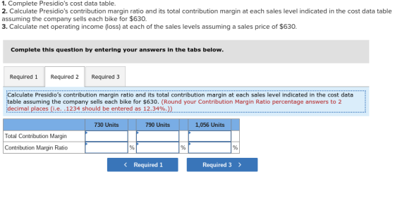 1. Complete Presidios cost data table. 2. Calculate Presidios contribution margin ratio and its total contribution margin a