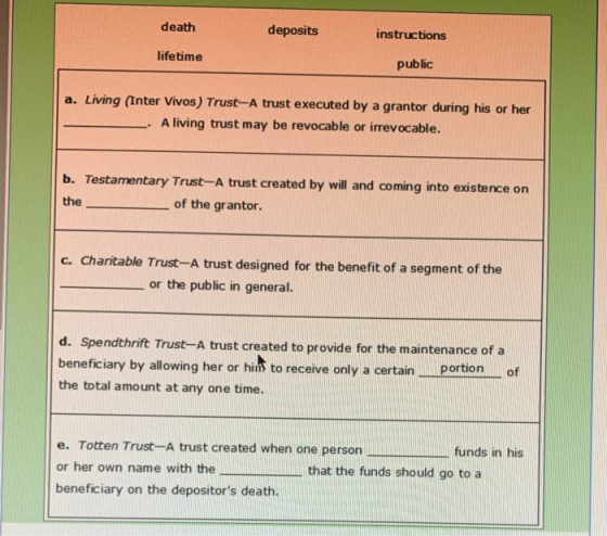 death deposits instructions lifetime public a. Living (Inter Vivos) Trust-A trust executed by a grantor during his or her . A