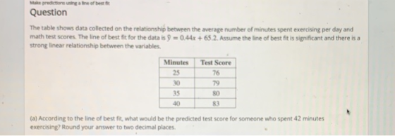 Make predictions using a line of best fit Question The table shows data collected on the relationship between the average num