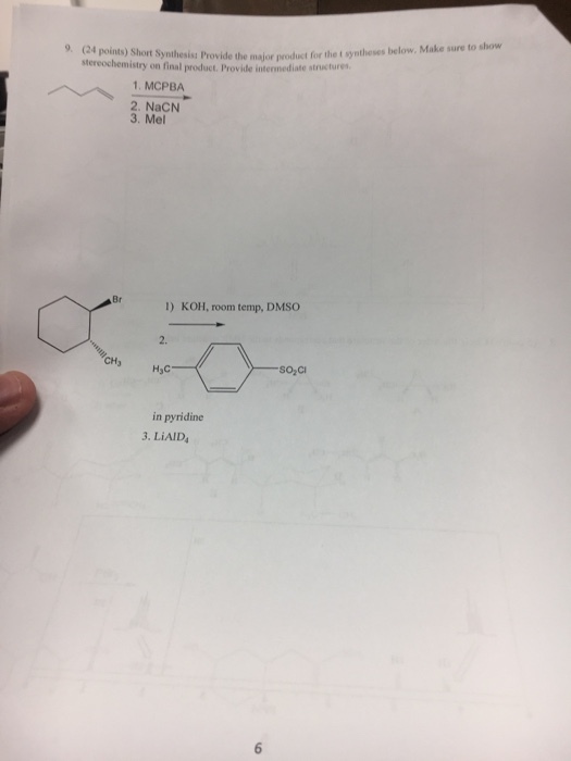 Provide the major product for the t spntheses below, Make sure to show stereochemistry on final product. Provide intermediate structures 1. MCPBA 2. NaCN 3. Mel Br 1) KOH, room temp, DMSO 2. CH3 SO2Ci in pyridine 3. L?AID,