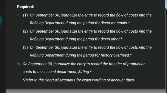 Required: a. (1) On September 30, journalize the entry to record the flow of costs into the Refining Department during the pe
