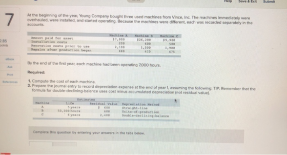 Help Save & Exit Submit At the beginning of the year, Young Company bought three used machines from Vince, Inc. The machines