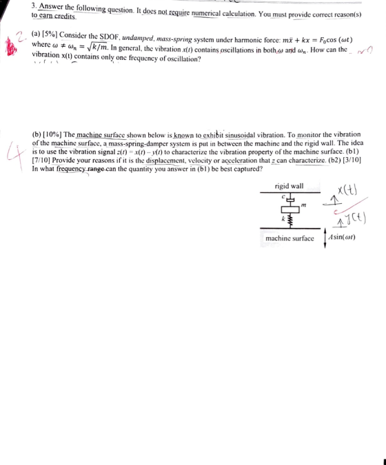 3. Answer the following question. It does not require numeical calculation. You must provide correct i reason(s) to carn credits (a) [5%] Consider theSDOF vibration x(t) contains only one frequency of oscillation? /) , undamped, mass-spring system under harmonic force : mx + kx-Focos (? /rn. In general, lhe vibration x(1) contains oscillations in both.co and ??. How can the ryX) (b) 10%) Themachine surfaces own below is nown to exhibit sinusoidal vibration. To monitor the vibration of the machine surfacc, a mass-spring-damper system is put in between the machine and the rigid wall. The idea is to use the vibration signal z() xt) -() to characterize the vibration property of the machine surface. (bl) [7/10] Provide your reasons fi is the displacemen, velocity or acceleration that z can characterize. (b2) [3/10] In what frequency range can the quantity you answer in (bl) be best captured? rigid wall /n machine surfacc Asin