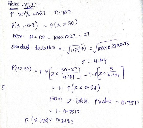 Given that P=27% =0-27 =100 PCX >0.3) = P(x > 30) Mean ll= np = 100* 027 Standard deviation - OPCI-D) - 100x 0.27X0.7: r = H.