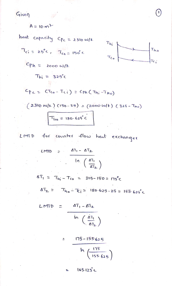 Given ( ) A = 10 m2 heat capacity cpc = 2310 w/k Thi Tci= 25°c, Tco= 150c Tho Tco ITC Cph = 2000 Wik Thi = 325°c cpes Cico -