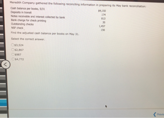 Meredith Company gathered the following reconciling information in preparing its May bank reconciliation: Cash balance per bo