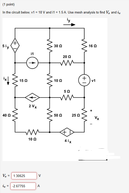 (1 point) In the circuit below, v1 = 18 V and i1 = 1.5 A. Use mesh analysis to find V, and is 300 3160 VV 20 400 > 500 100 V