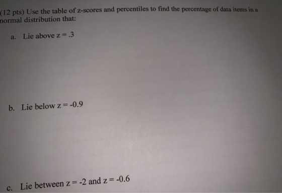 (12 pts) Use the table of z-scores and percentiles to find the percentage of data items in a normal distribution that: a. Lie
